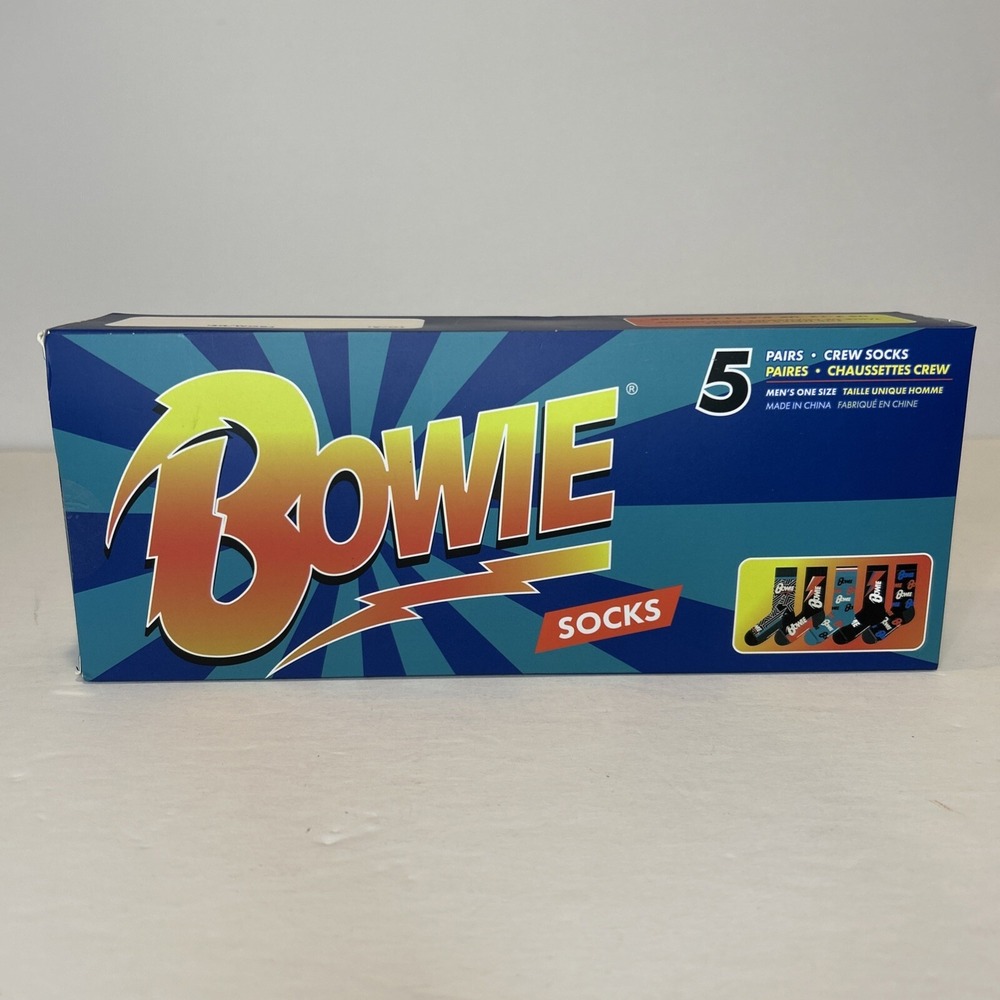 David Bowie Crew Socks Men 7-12 Multicolor 5 Pair Box Set Lightning Bolt Graphic